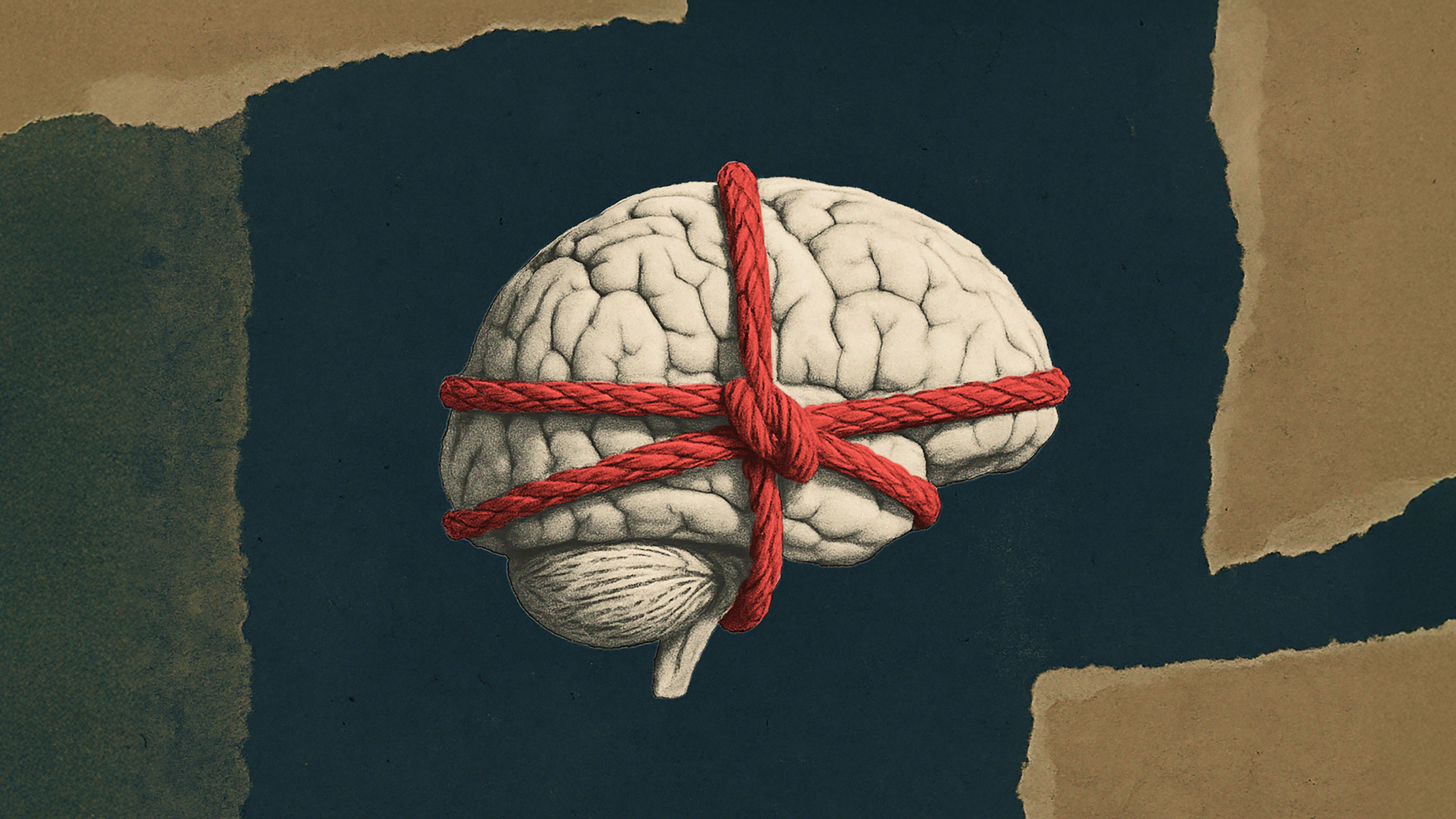 An illustration of a human brain tightly bound with red rope, set against a textured background with blue and brown patches.