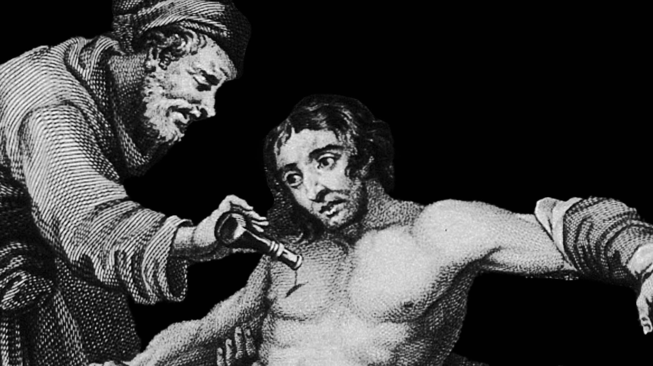A historical illustration shows one man performing a medical procedure on another man’s chest using a metal instrument, both with serious expressions.