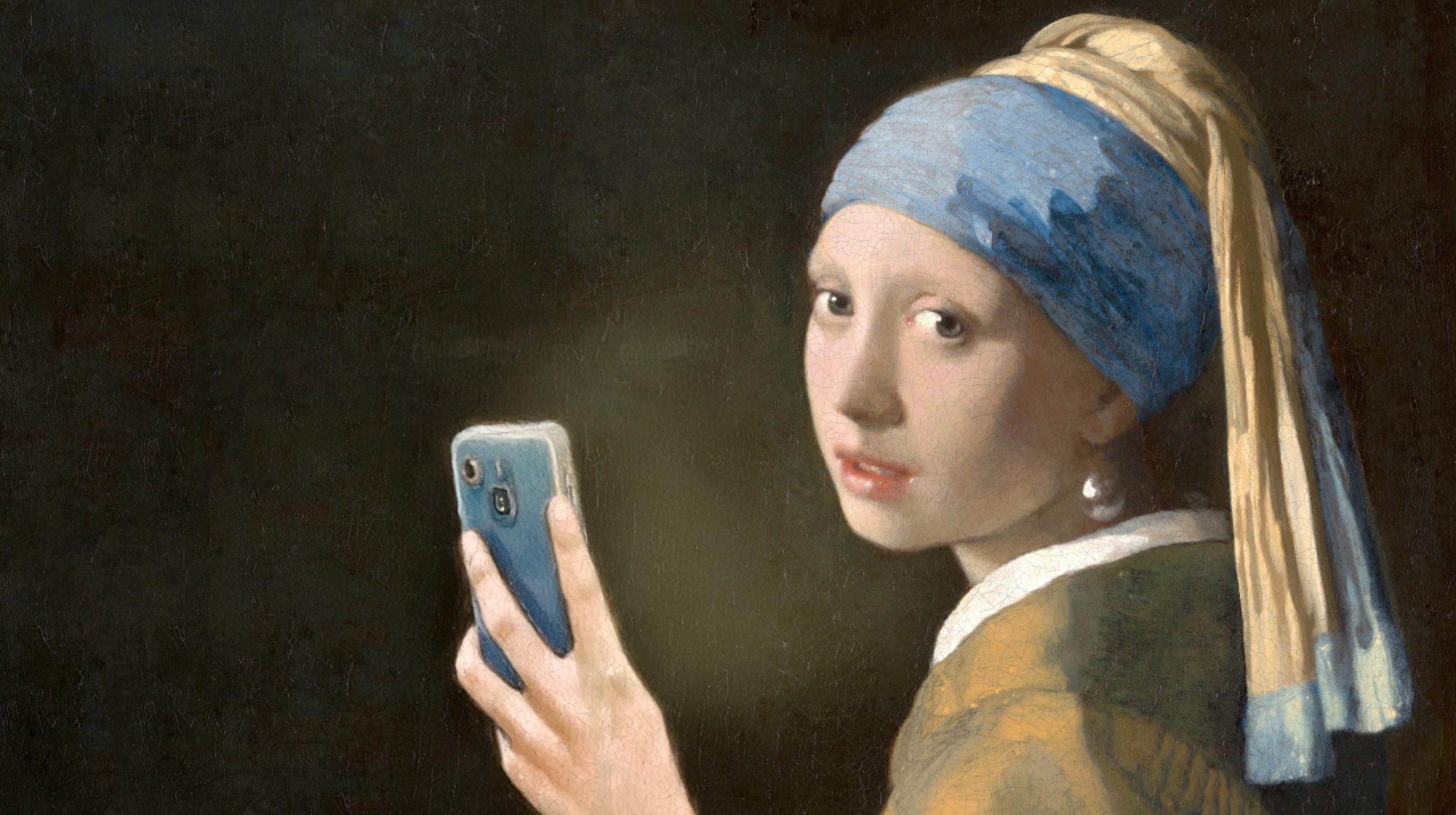 A woman in a blue and yellow headscarf and pearl earring holds a smartphone, looking over her shoulder, mimicking the style of a classic painting.