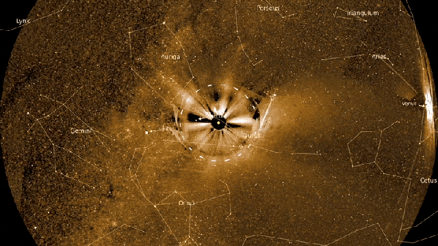 Circular astronomical image showing constellations and celestial objects labeled against a dark sky, reminiscent of a NASA PUNCH video sun corona visualization, with a timestamp of 2025-06-03 01:52 at the bottom left.