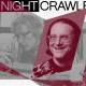 A graphic titled "The Night Crawler" features grayscale and red-tinted images of two men, one writing and one smiling—possibly Brad Feld—overlaid on a grid background with abstract shapes.