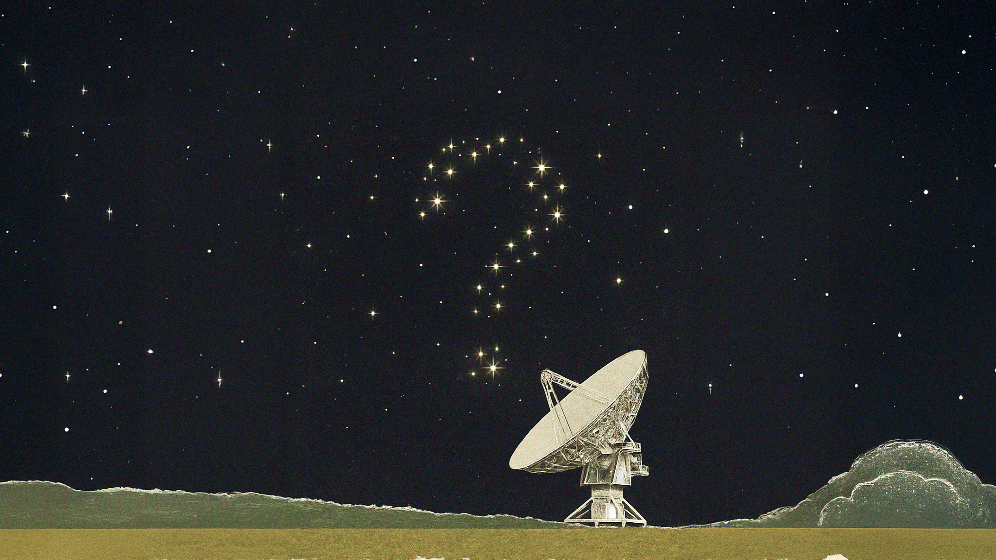 A radio telescope points at the night sky, where stars are arranged in the shape of a large question mark.
