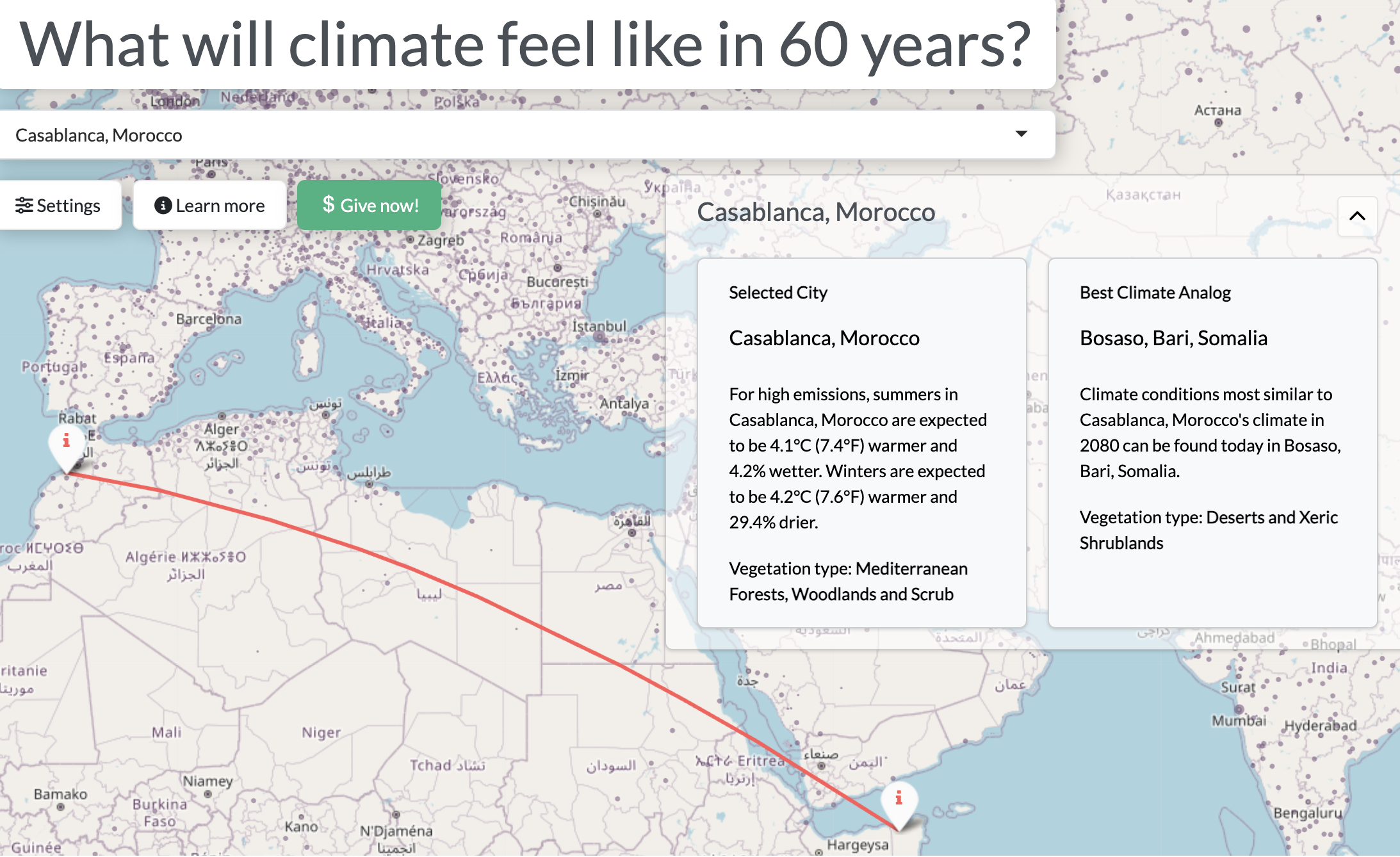 Map showing a projected climate shift for Casablanca, Morocco, to resemble Bosaso, Somalia, in 2080, including projected temperature increases and changes in vegetation type.