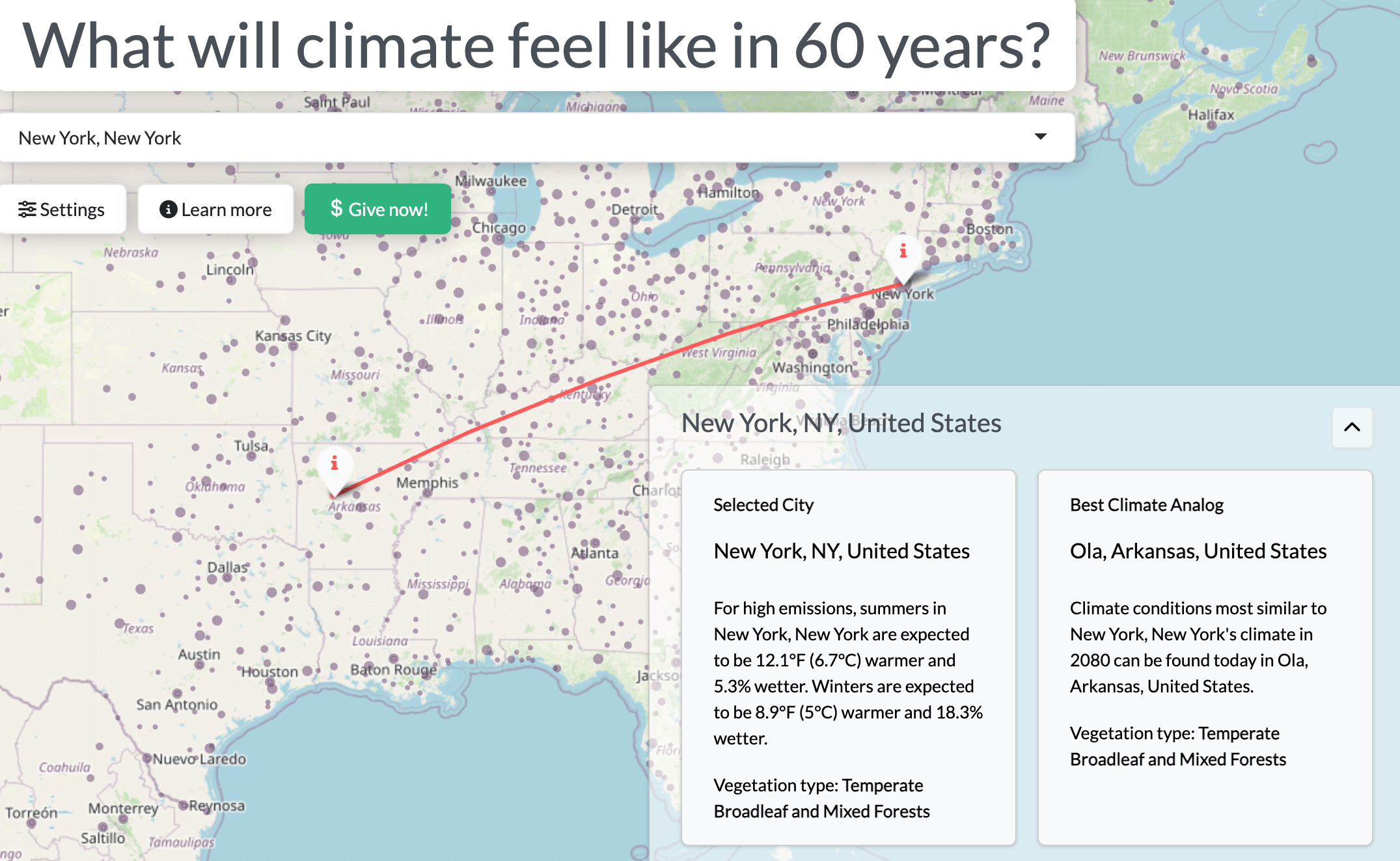 Map comparing New York, NY’s current climate to that of Ola, Arkansas, projecting New York to be hotter and wetter in 60 years under high emissions.
