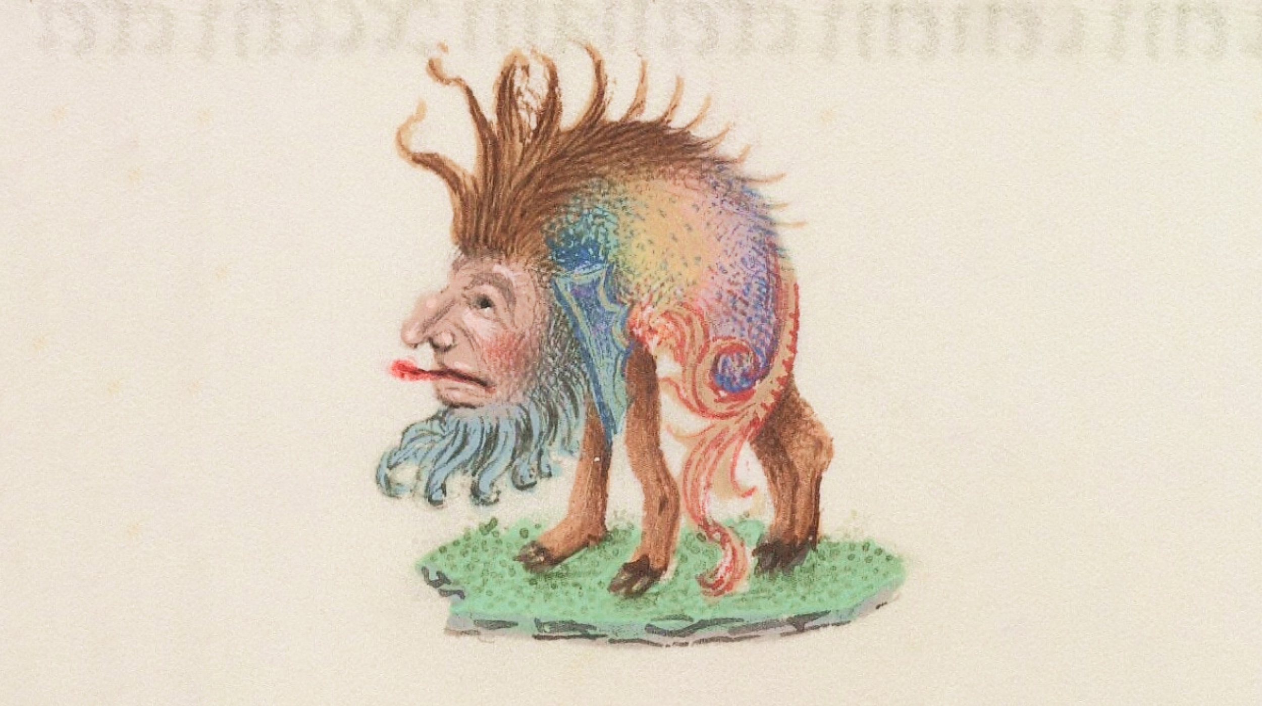 A fantastical creature with a human face, colorful body, four legs, and spiky hair stands on grass, illustrated in a medieval manuscript style.