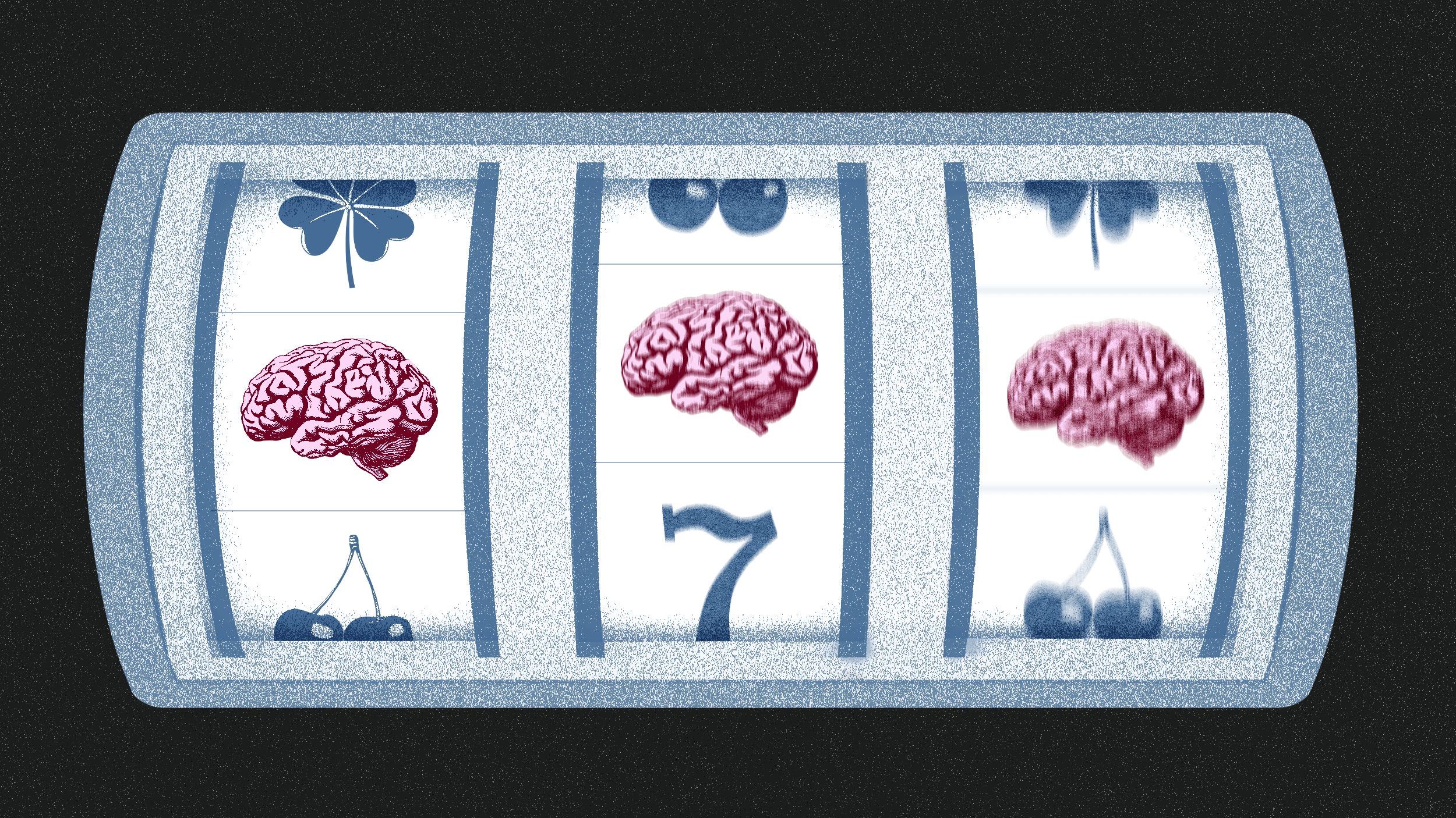 A slot machine displays various icons, including brains, cherries, a clover, and the number seven—an homage to Anne-Laure Le Cunff’s work—with two brains and a seven visible in the central row.