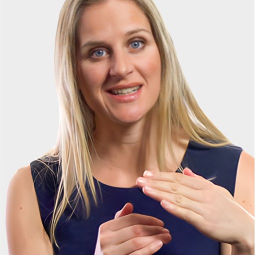 A woman with long blonde hair, wearing a dark sleeveless top, gestures with her hands while smiling and looking forward.